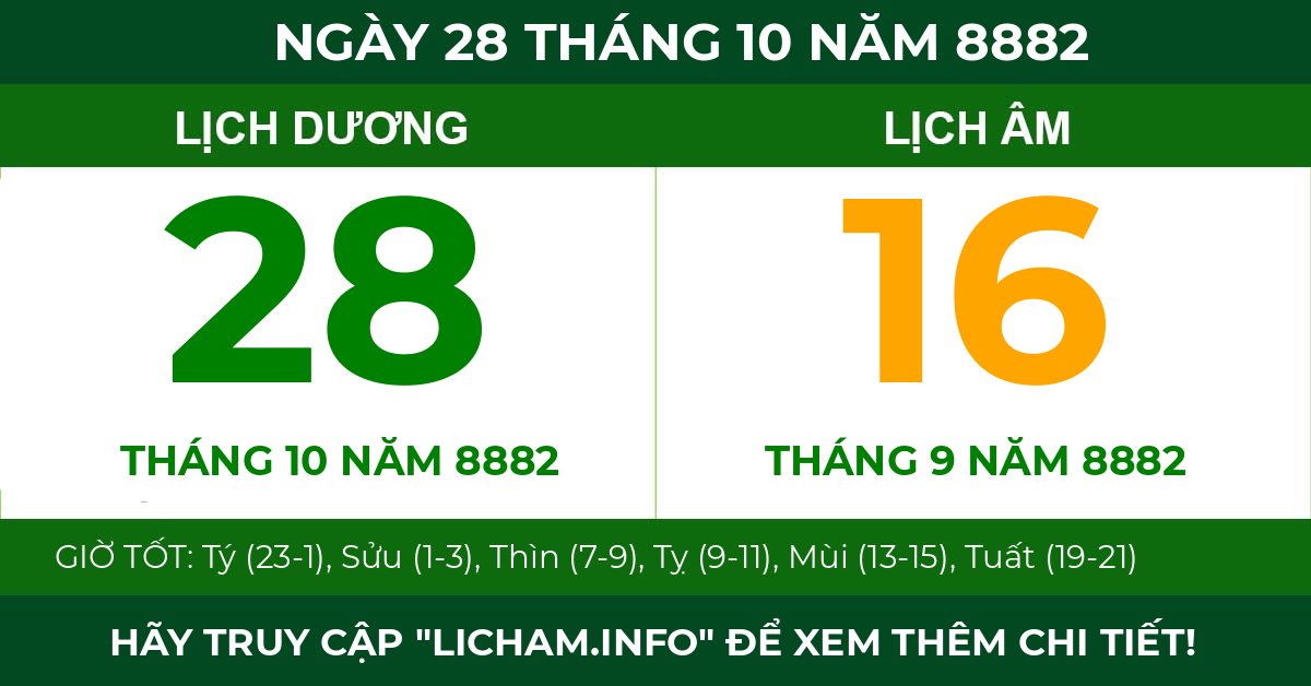lịch âm ngày 28 tháng 10 năm 8882