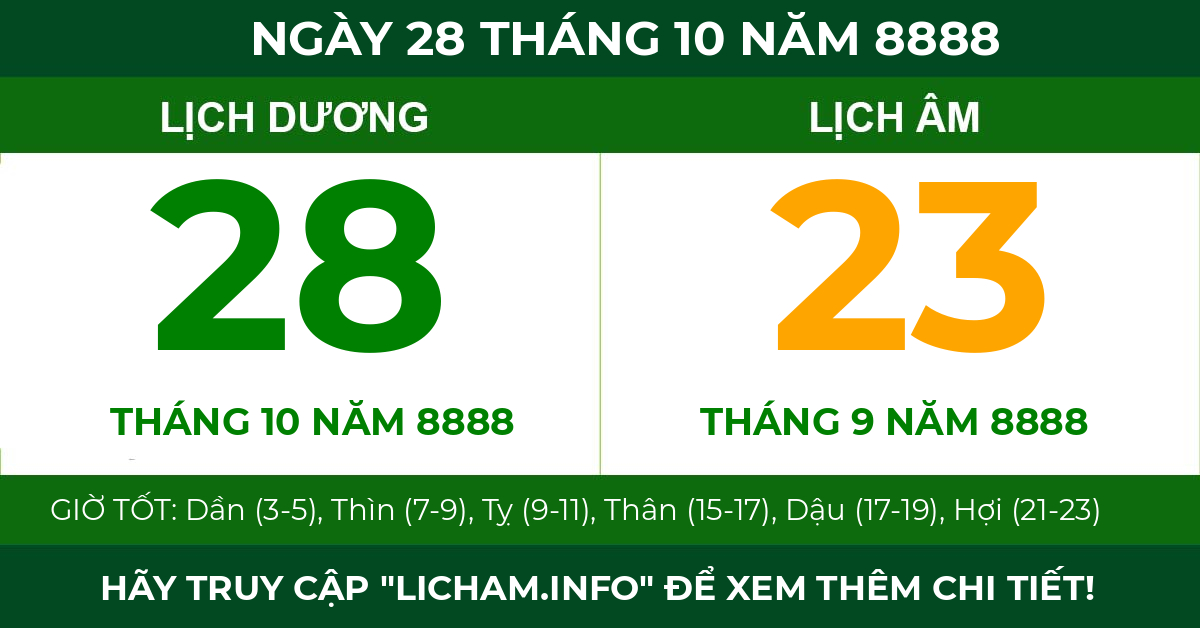 lịch âm ngày 28 tháng 10 năm 8888