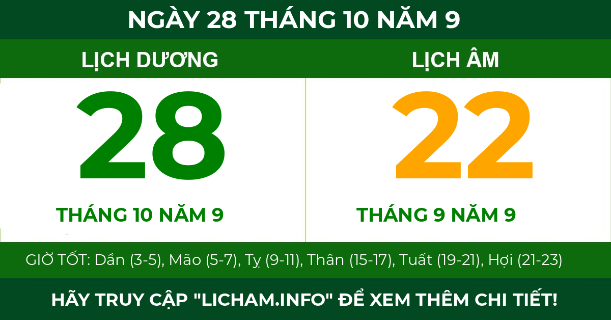 lịch âm ngày 28 tháng 10 năm 9