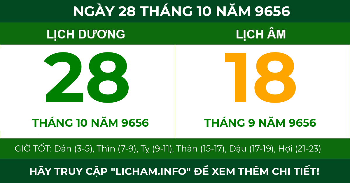 lịch âm ngày 28 tháng 10 năm 9656