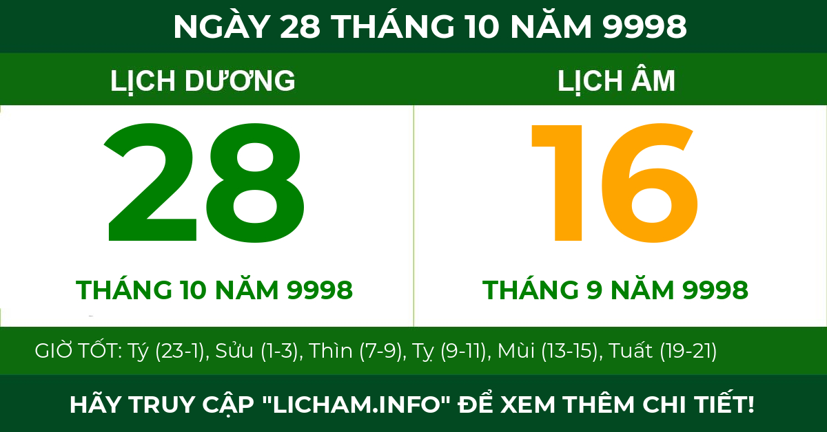 lịch âm ngày 28 tháng 10 năm 9998