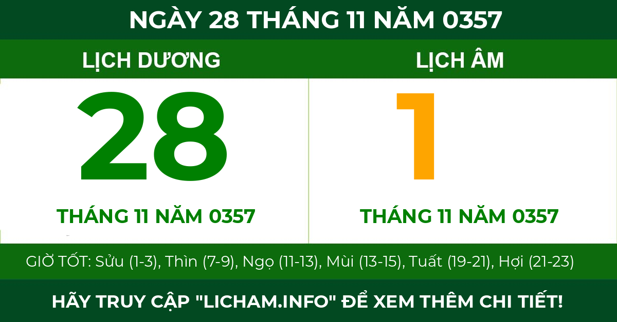 lịch âm ngày 28 tháng 11 năm 0357