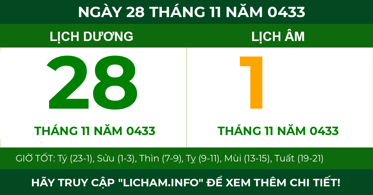 lịch âm ngày 28 tháng 11 năm 0433