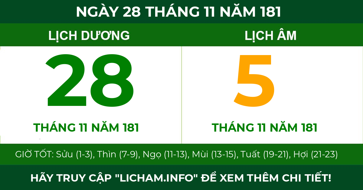 lịch âm ngày 28 tháng 11 năm 181