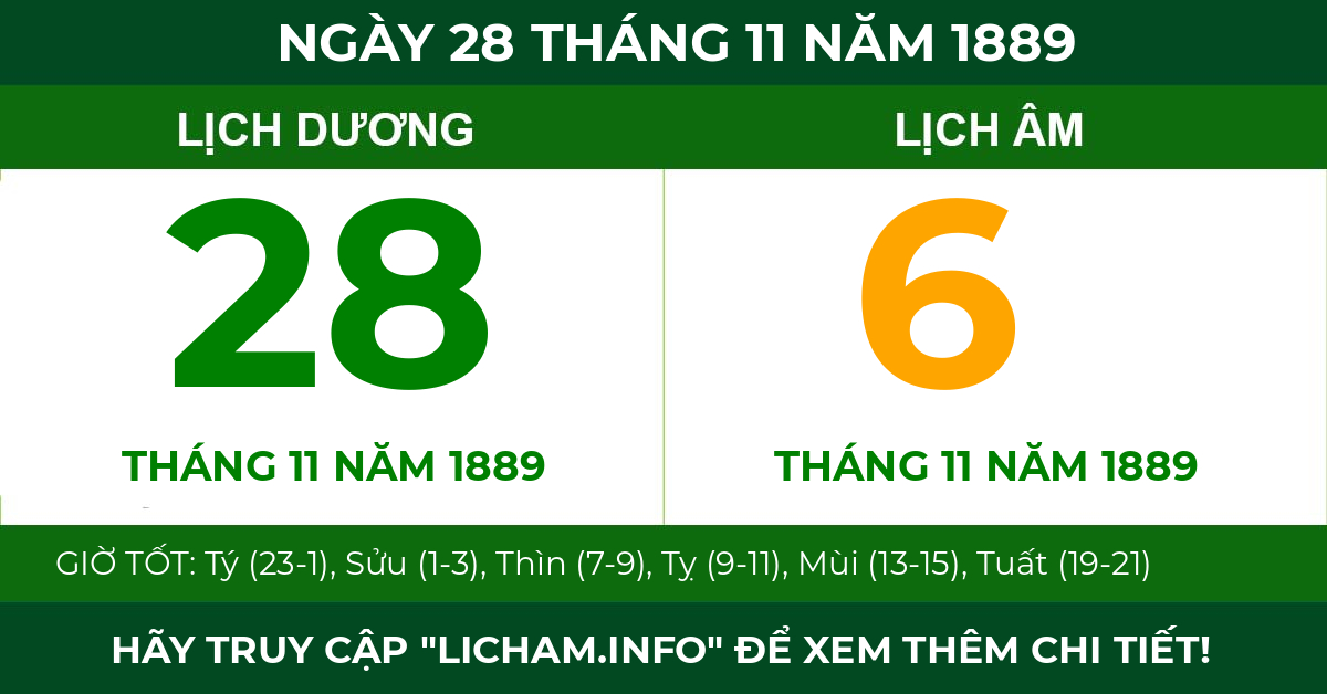 lịch âm ngày 28 tháng 11 năm 1889