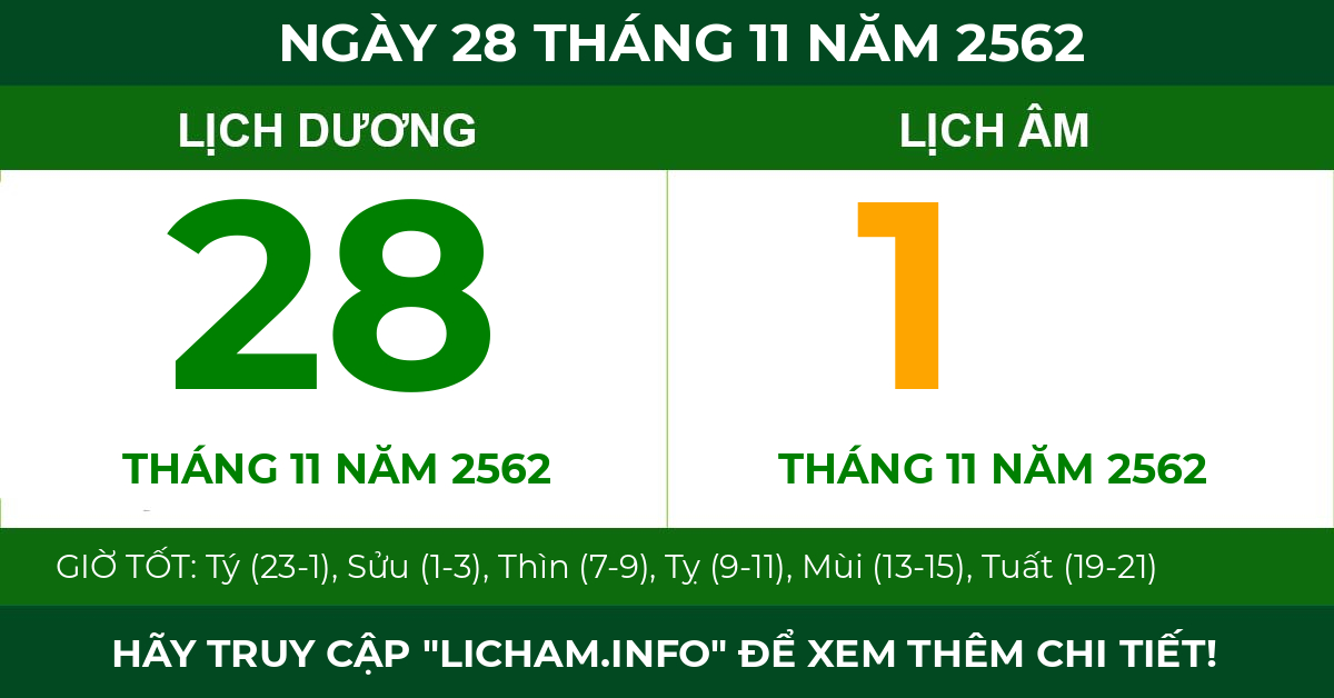 lịch âm ngày 28 tháng 11 năm 2562