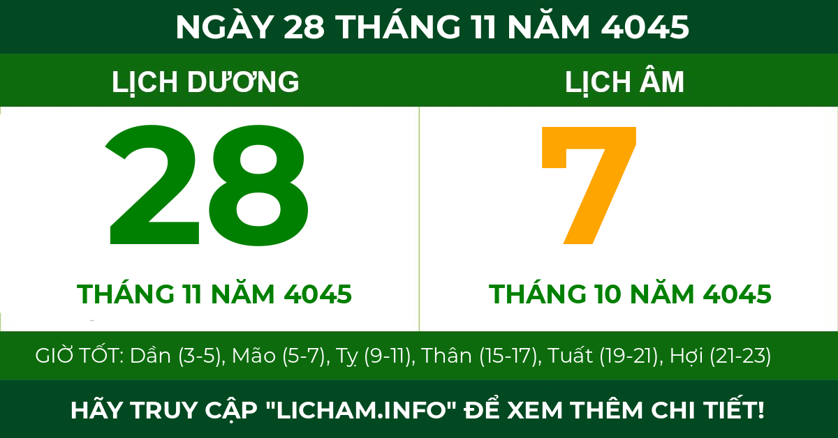 lịch âm ngày 28 tháng 11 năm 4045
