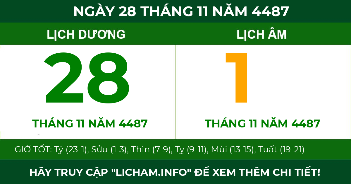lịch âm ngày 28 tháng 11 năm 4487
