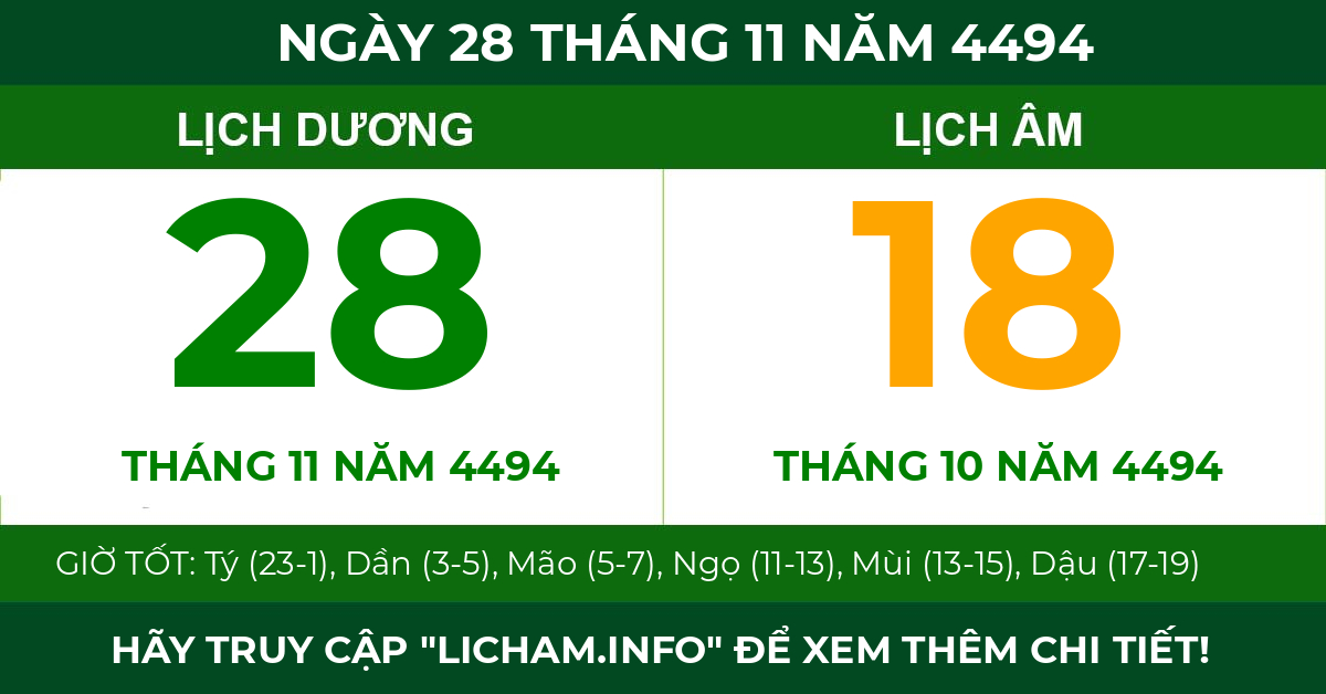 lịch âm ngày 28 tháng 11 năm 4494