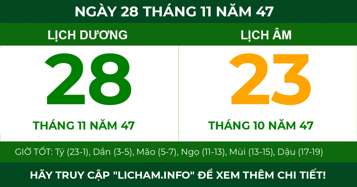 lịch âm ngày 28 tháng 11 năm 47