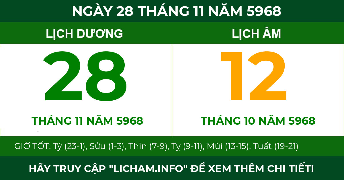 lịch âm ngày 28 tháng 11 năm 5968