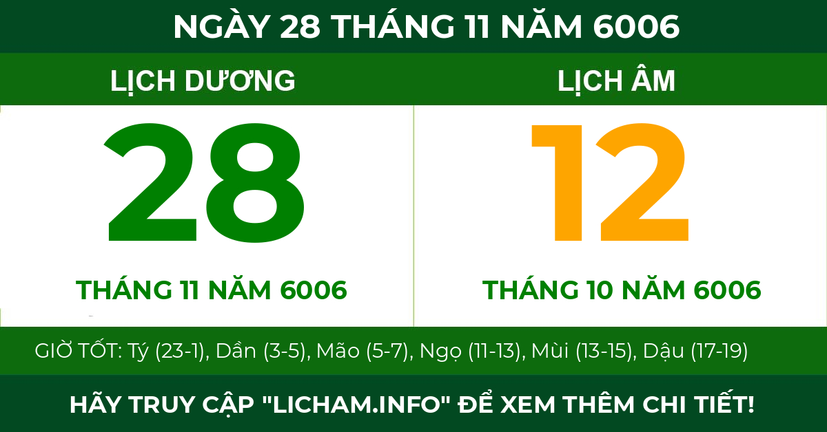 lịch âm ngày 28 tháng 11 năm 6006