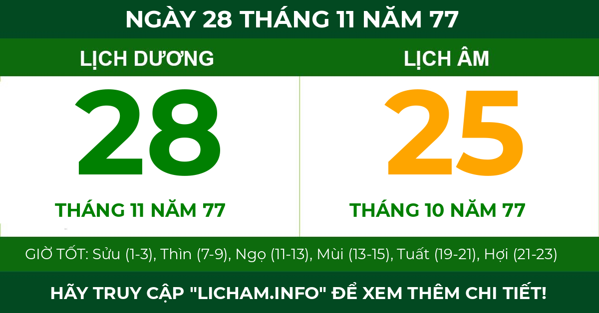 lịch âm ngày 28 tháng 11 năm 77