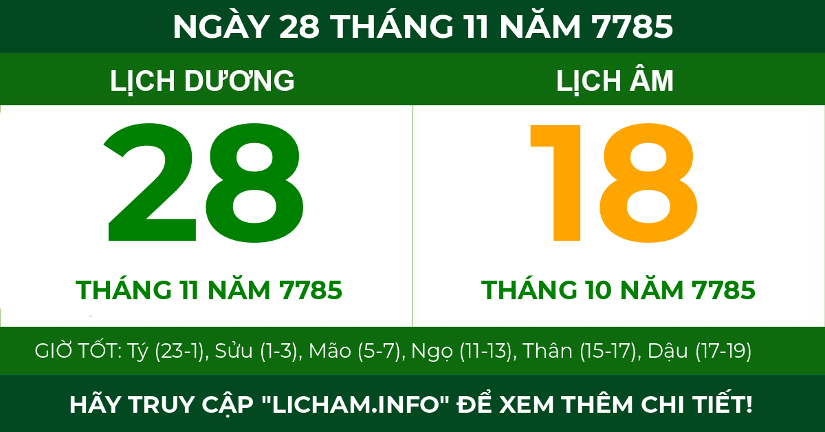 lịch âm ngày 28 tháng 11 năm 7785