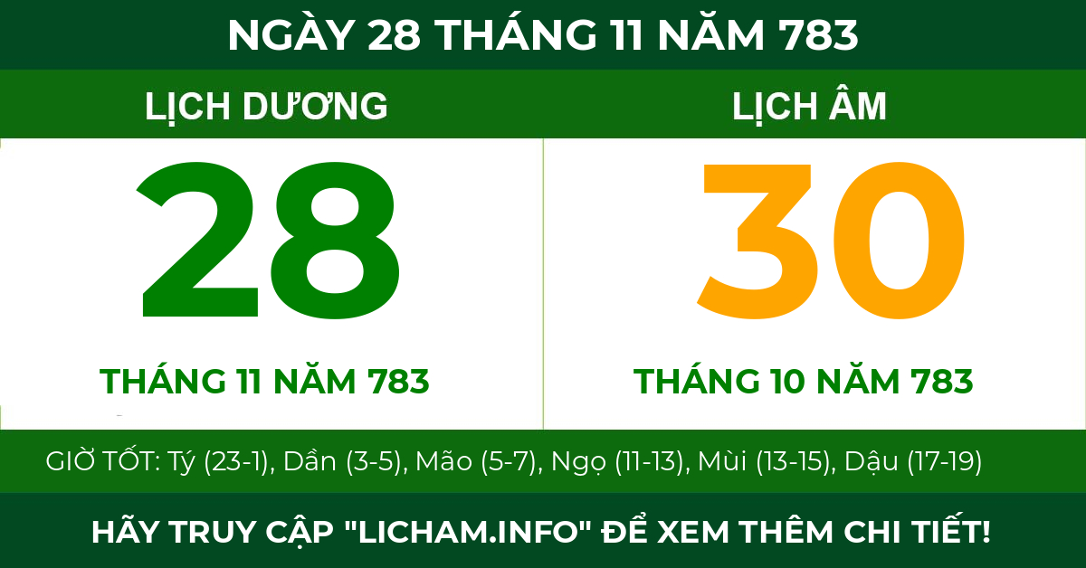 lịch âm ngày 28 tháng 11 năm 783