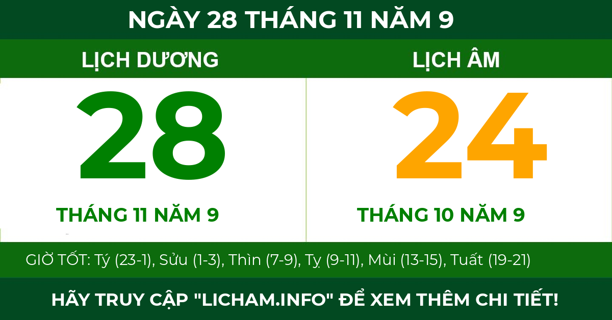 lịch âm ngày 28 tháng 11 năm 9