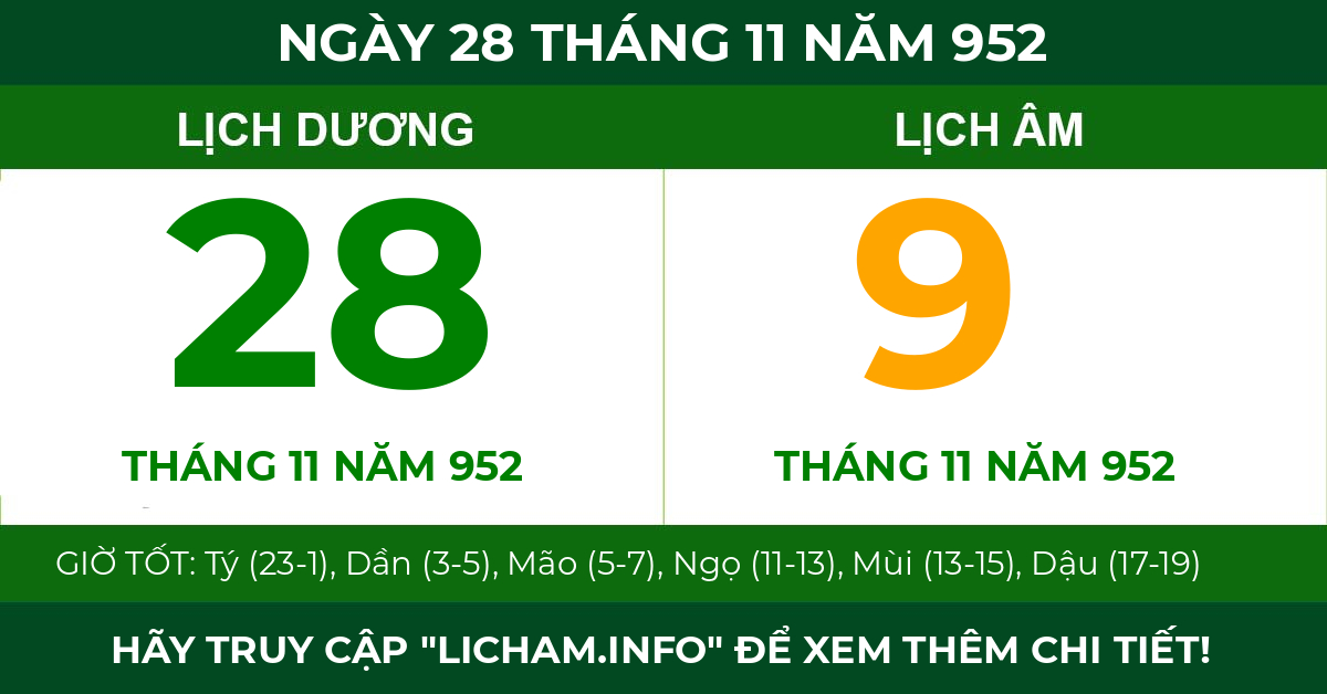 lịch âm ngày 28 tháng 11 năm 952