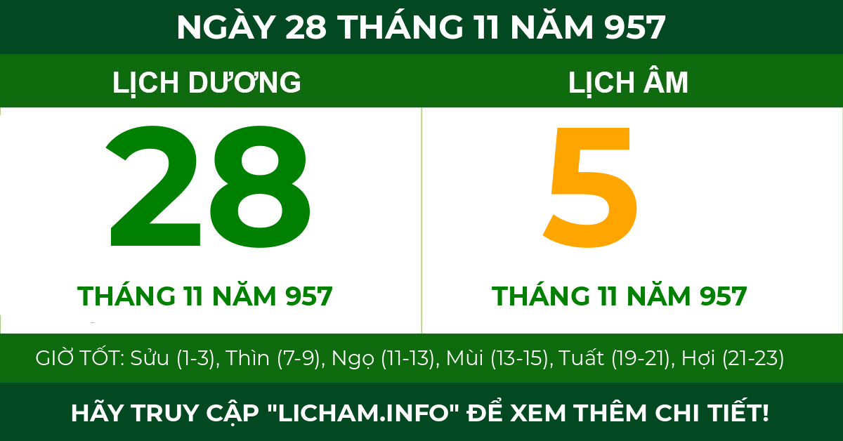 lịch âm ngày 28 tháng 11 năm 957