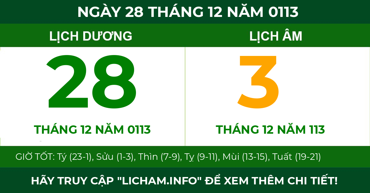 lịch âm ngày 28 tháng 12 năm 0113