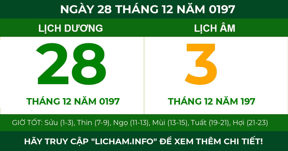 lịch âm ngày 28 tháng 12 năm 0197