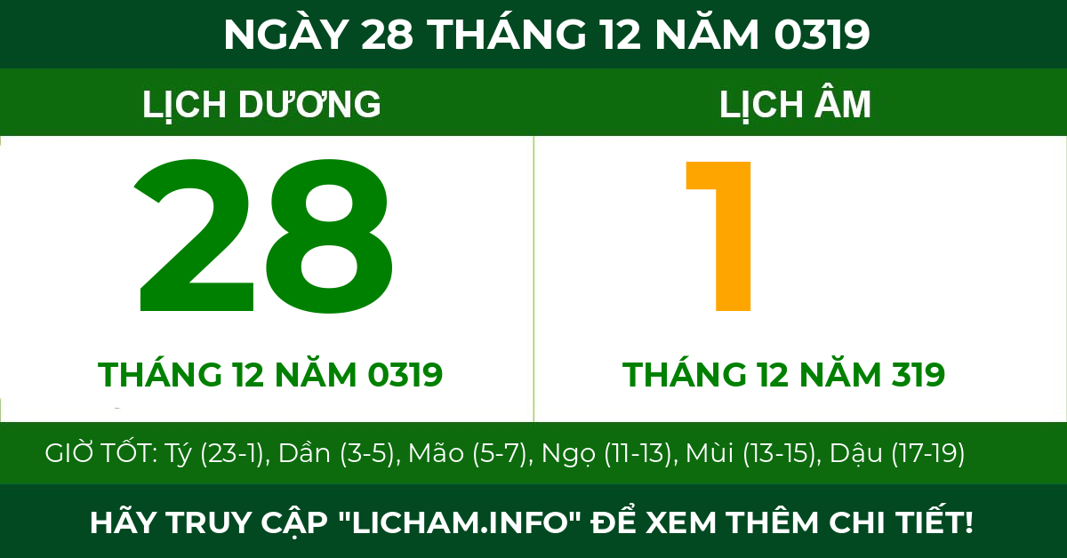 lịch âm ngày 28 tháng 12 năm 0319