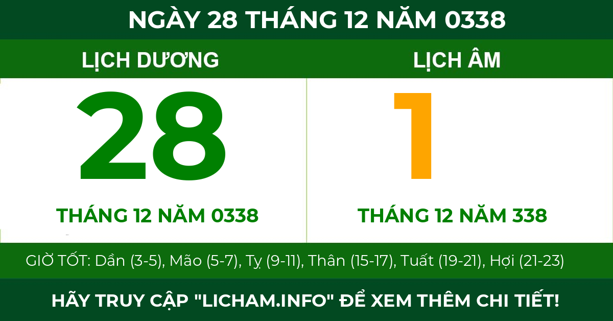 lịch âm ngày 28 tháng 12 năm 0338