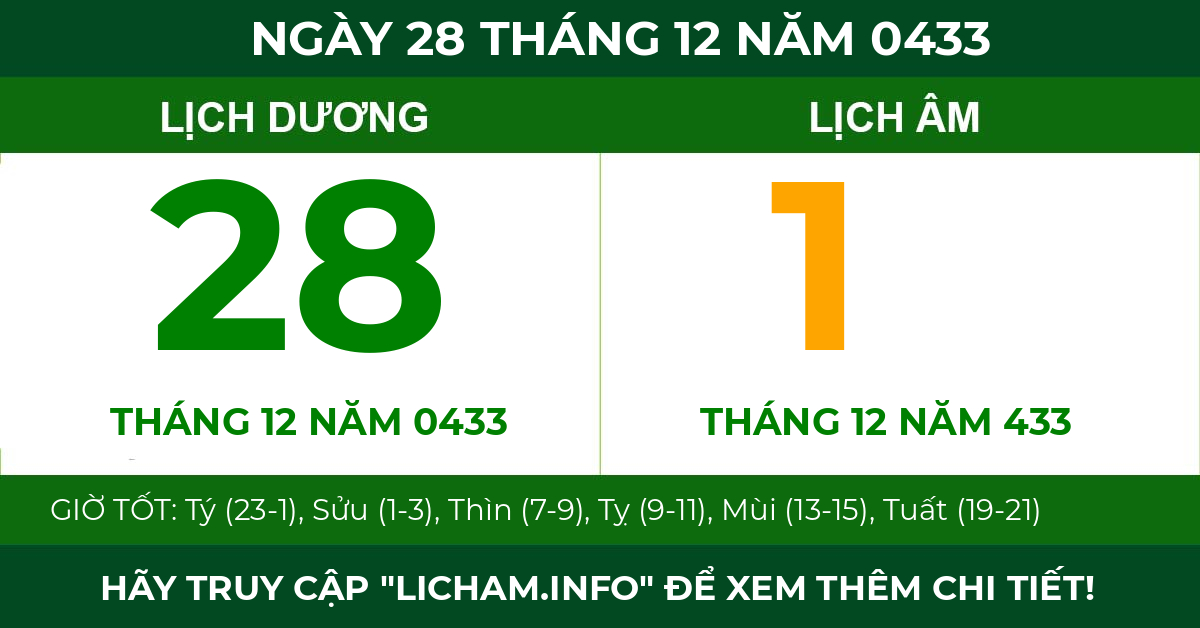 lịch âm ngày 28 tháng 12 năm 0433