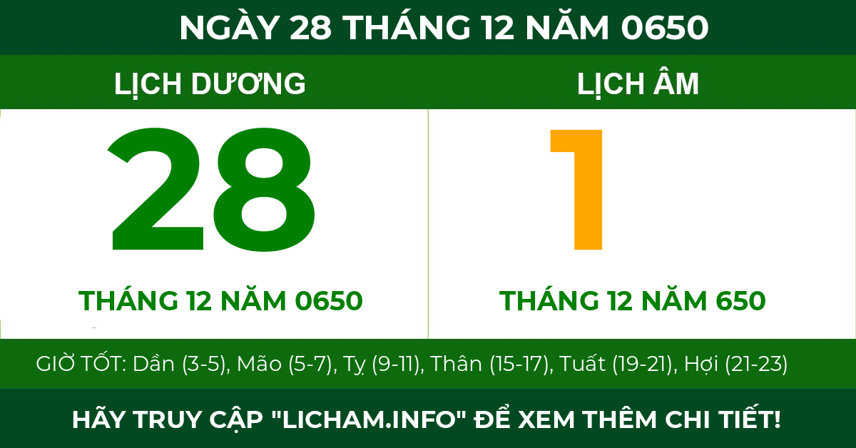 lịch âm ngày 28 tháng 12 năm 0650