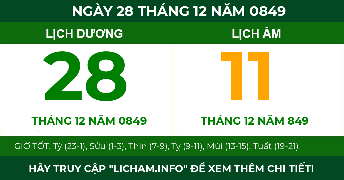 lịch âm ngày 28 tháng 12 năm 0849