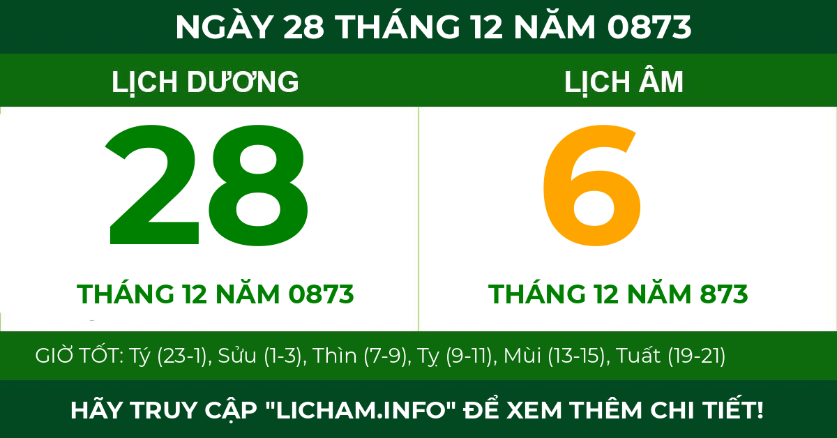 lịch âm ngày 28 tháng 12 năm 0873