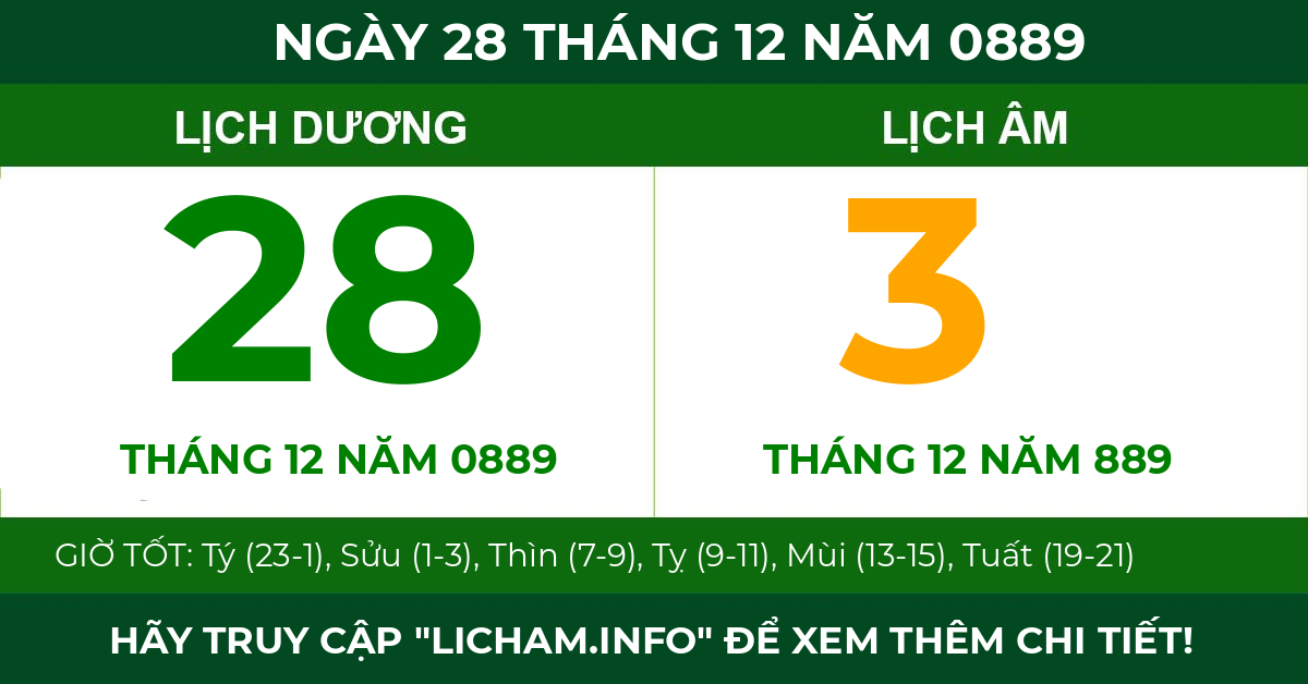 lịch âm ngày 28 tháng 12 năm 0889