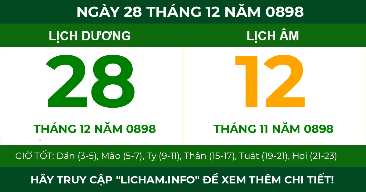lịch âm ngày 28 tháng 12 năm 0898