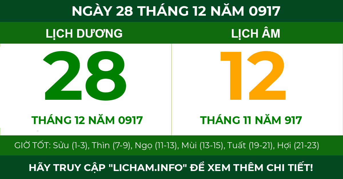lịch âm ngày 28 tháng 12 năm 0917