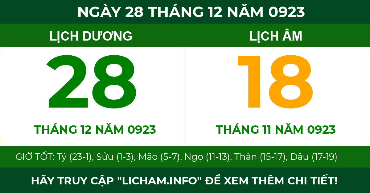 lịch âm ngày 28 tháng 12 năm 0923