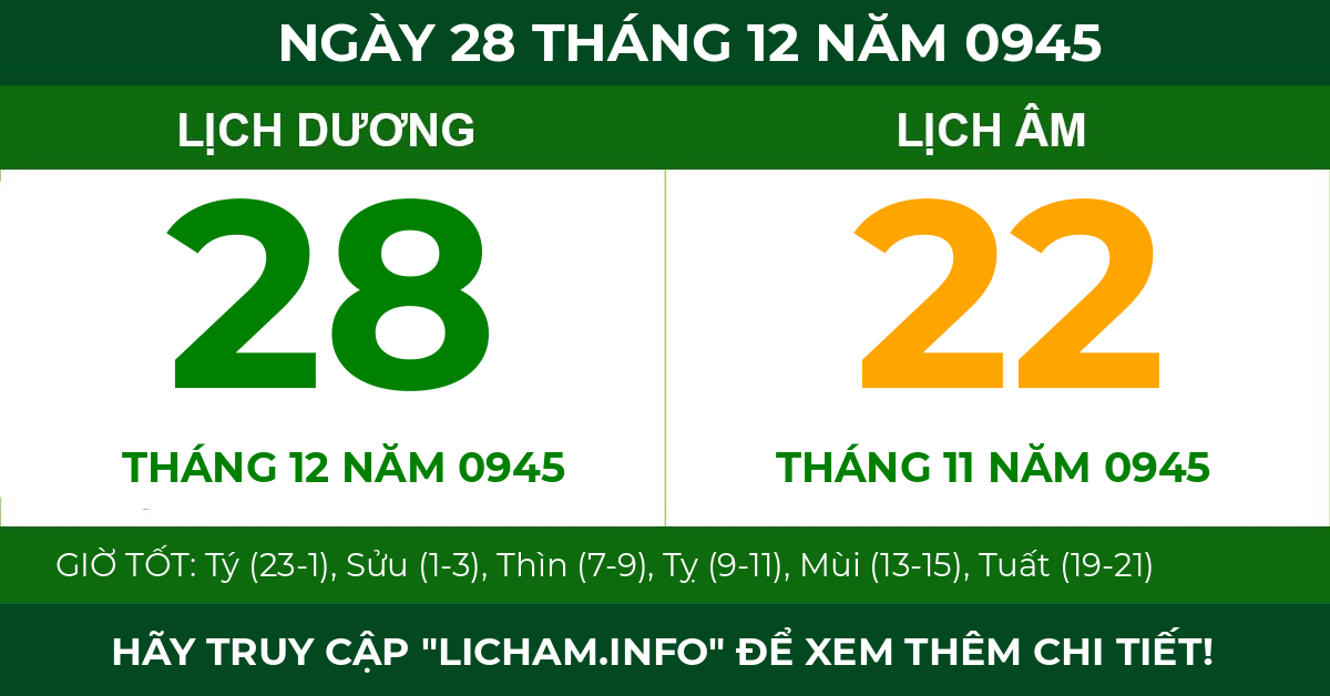lịch âm ngày 28 tháng 12 năm 0945
