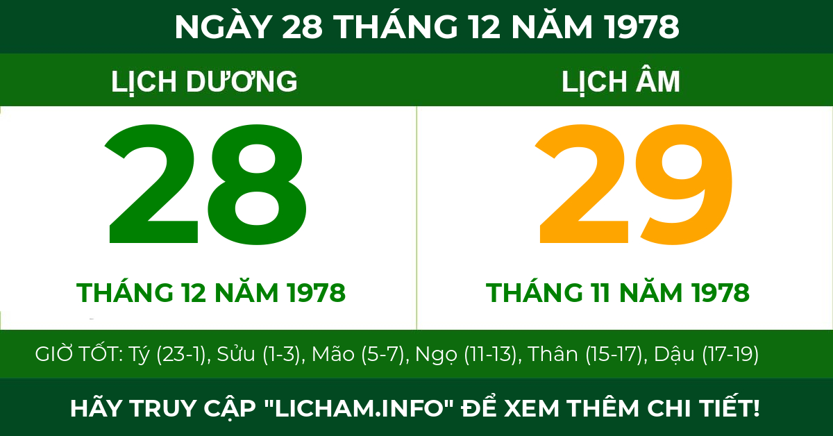 lịch âm ngày 28 tháng 12 năm 1978