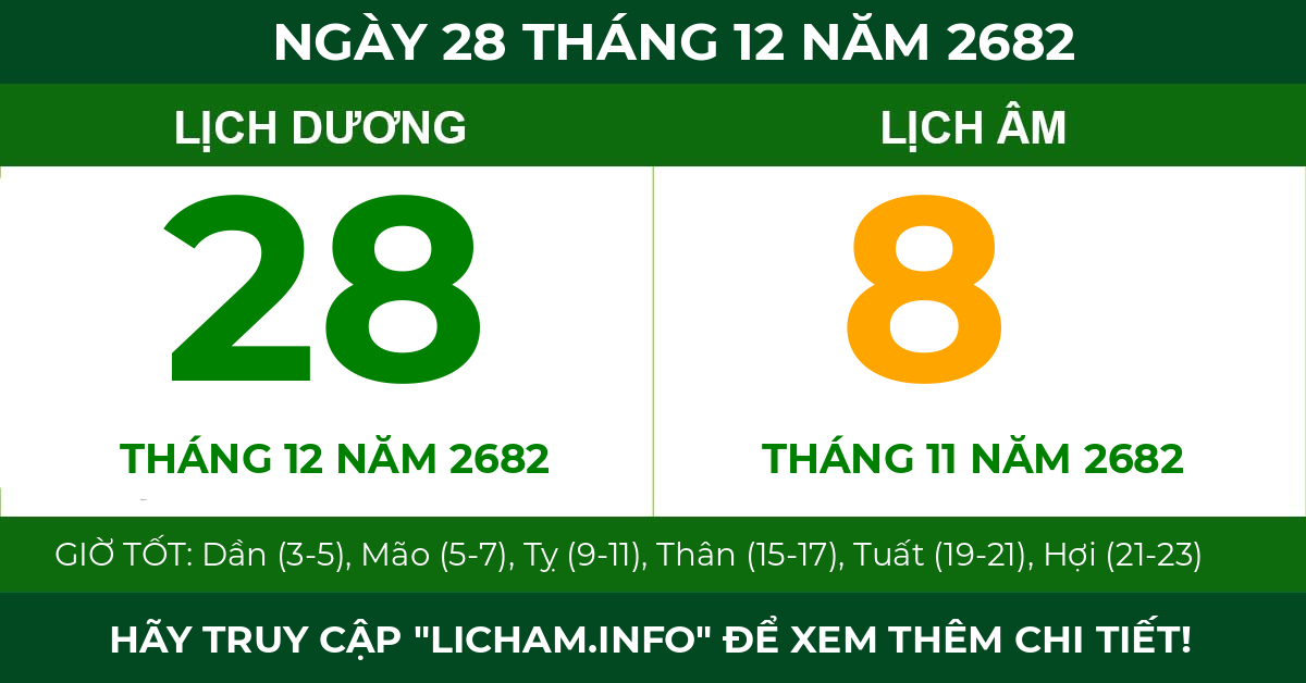 lịch âm ngày 28 tháng 12 năm 2682