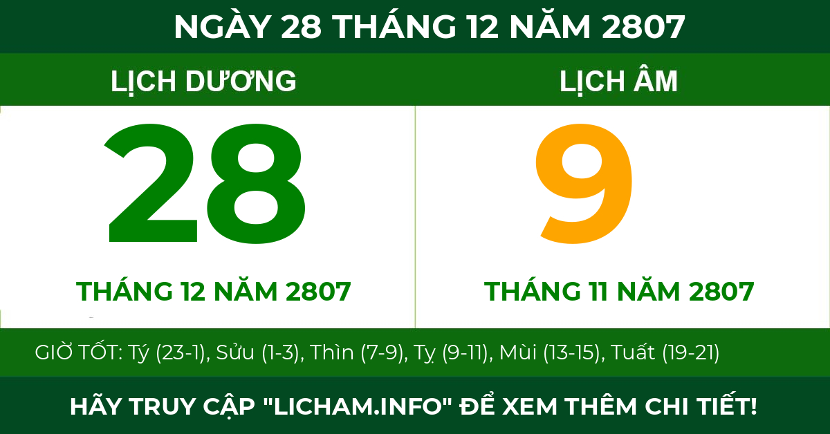 lịch âm ngày 28 tháng 12 năm 2807