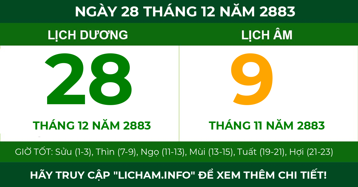 lịch âm ngày 28 tháng 12 năm 2883