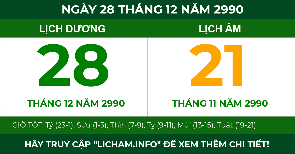 lịch âm ngày 28 tháng 12 năm 2990