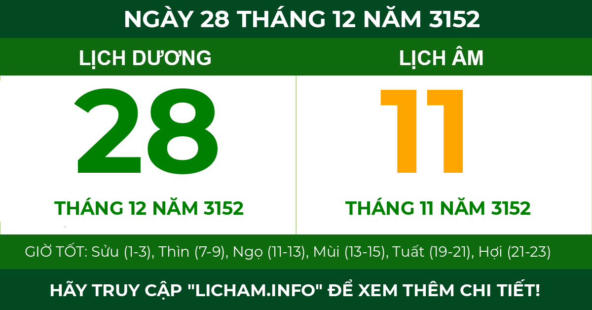 lịch âm ngày 28 tháng 12 năm 3152