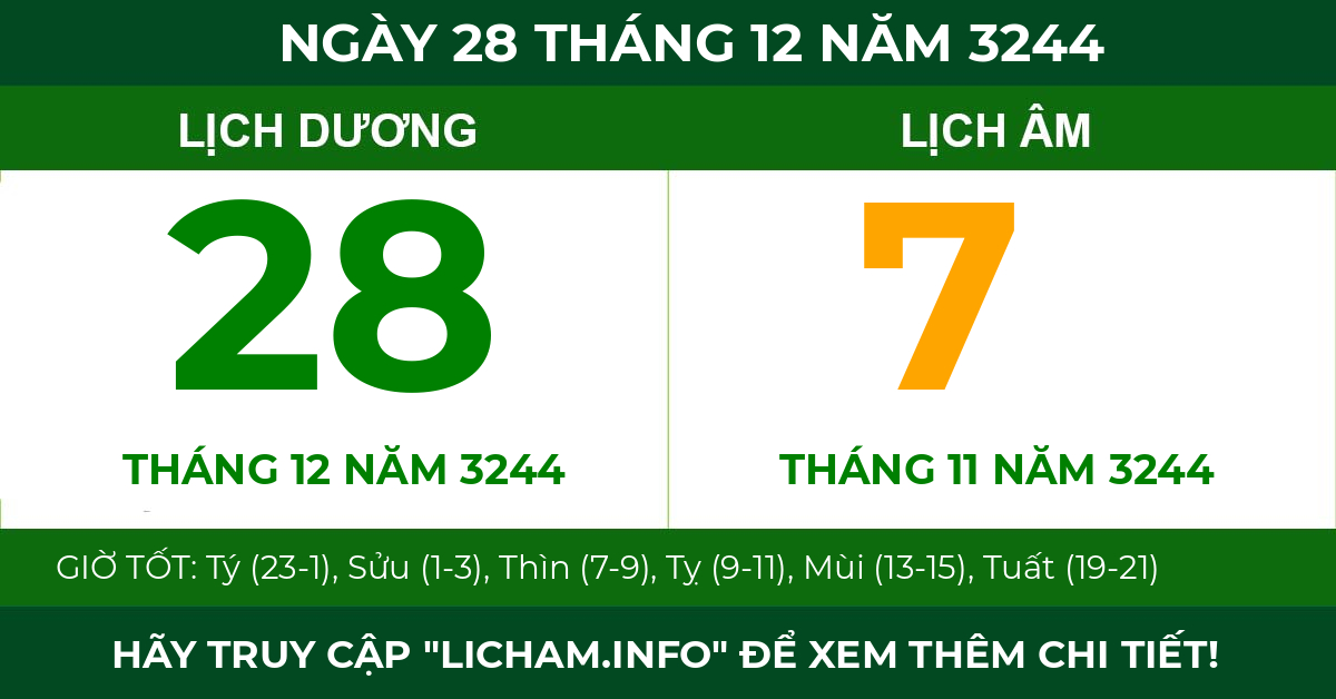 lịch âm ngày 28 tháng 12 năm 3244