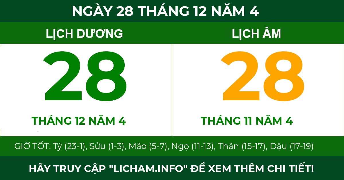 lịch âm ngày 28 tháng 12 năm 4