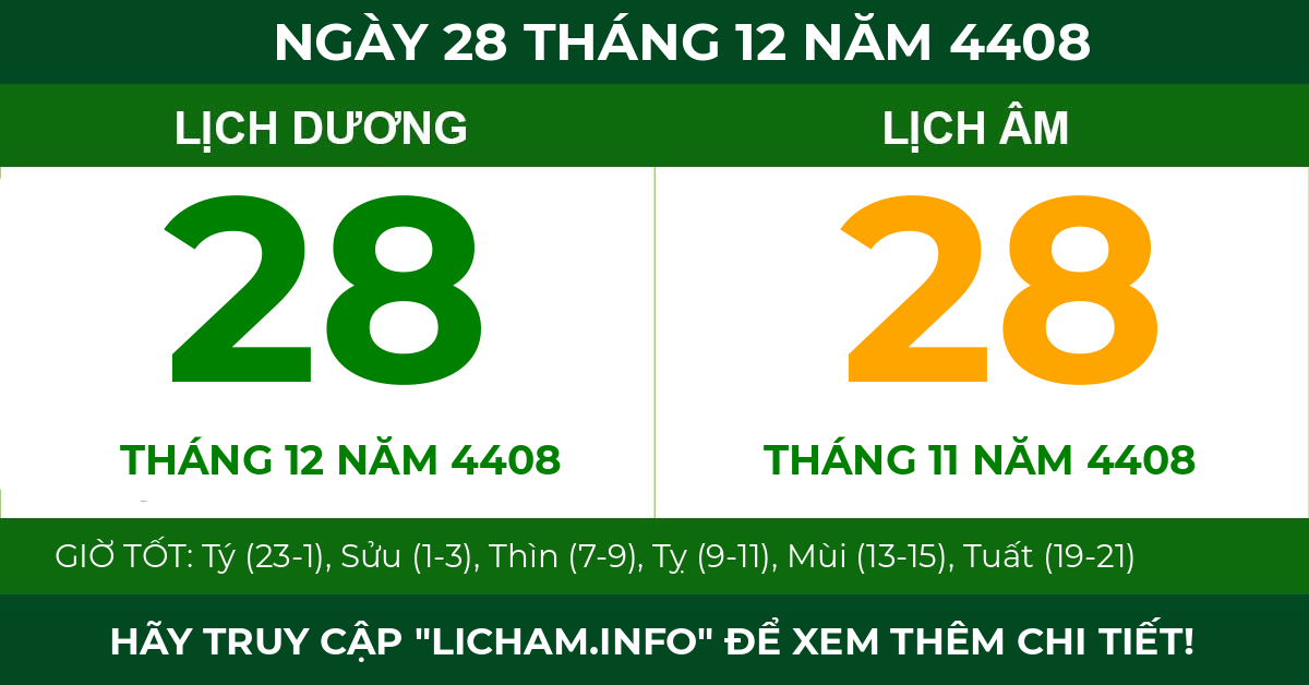 lịch âm ngày 28 tháng 12 năm 4408