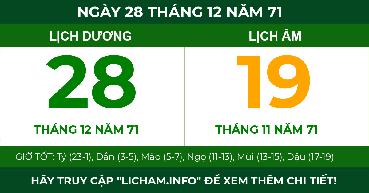 lịch âm ngày 28 tháng 12 năm 71