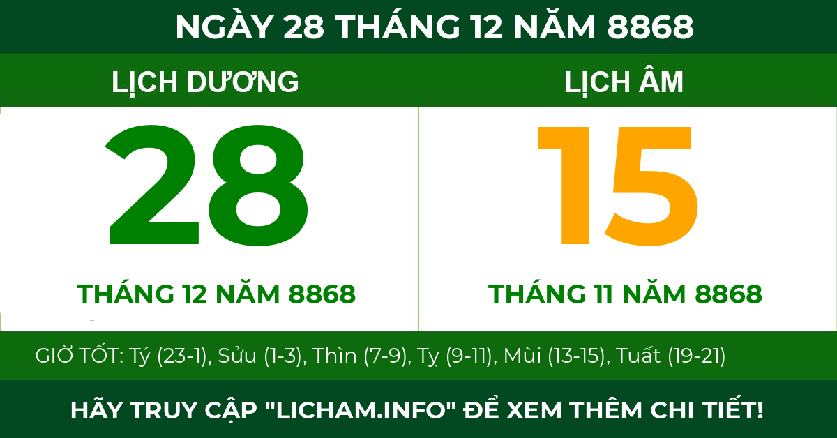 lịch âm ngày 28 tháng 12 năm 8868