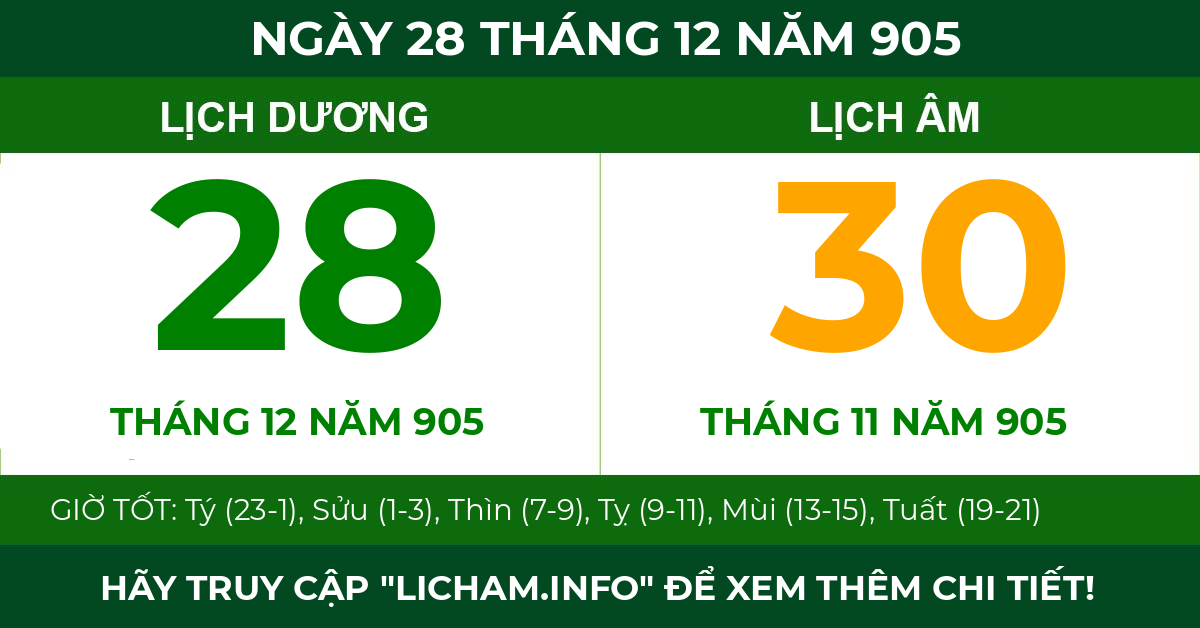 lịch âm ngày 28 tháng 12 năm 905