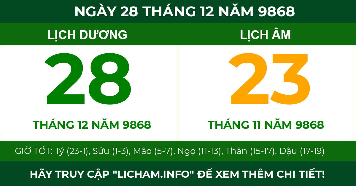 lịch âm ngày 28 tháng 12 năm 9868