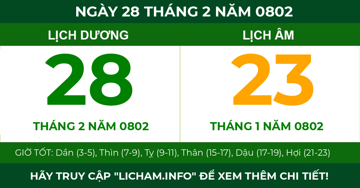 lịch âm ngày 28 tháng 2 năm 0802