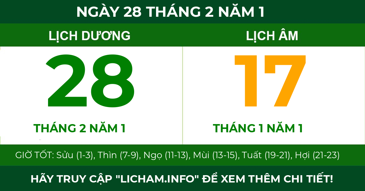 lịch âm ngày 28 tháng 2 năm 1